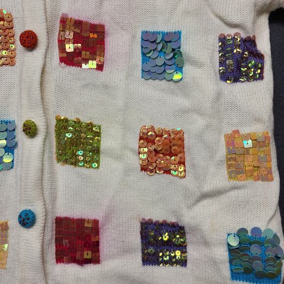 Terazzo Cardigan Sweater Womens Large White Short Sleeve V Neck Sequin Patchwork - Picture 11 of 16